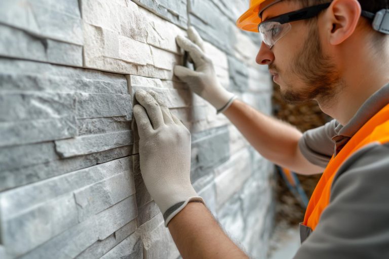 Maçon installant des pierres décoratives
